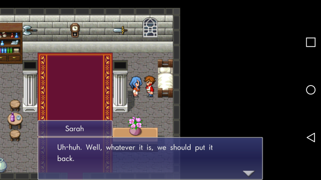 screenshot of FF Dimensions. In a bedroom, Sarah tells Sol "Uh-huh. Well, whatever it is, we should put it back."